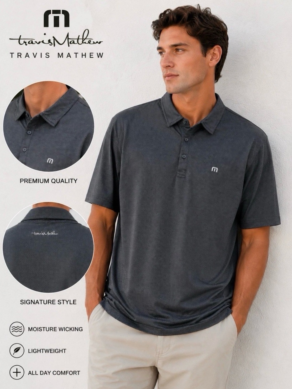 TravisMathew Men’s Gray Performance Polo Shirt Short Sleeve Stretch Golf Casual